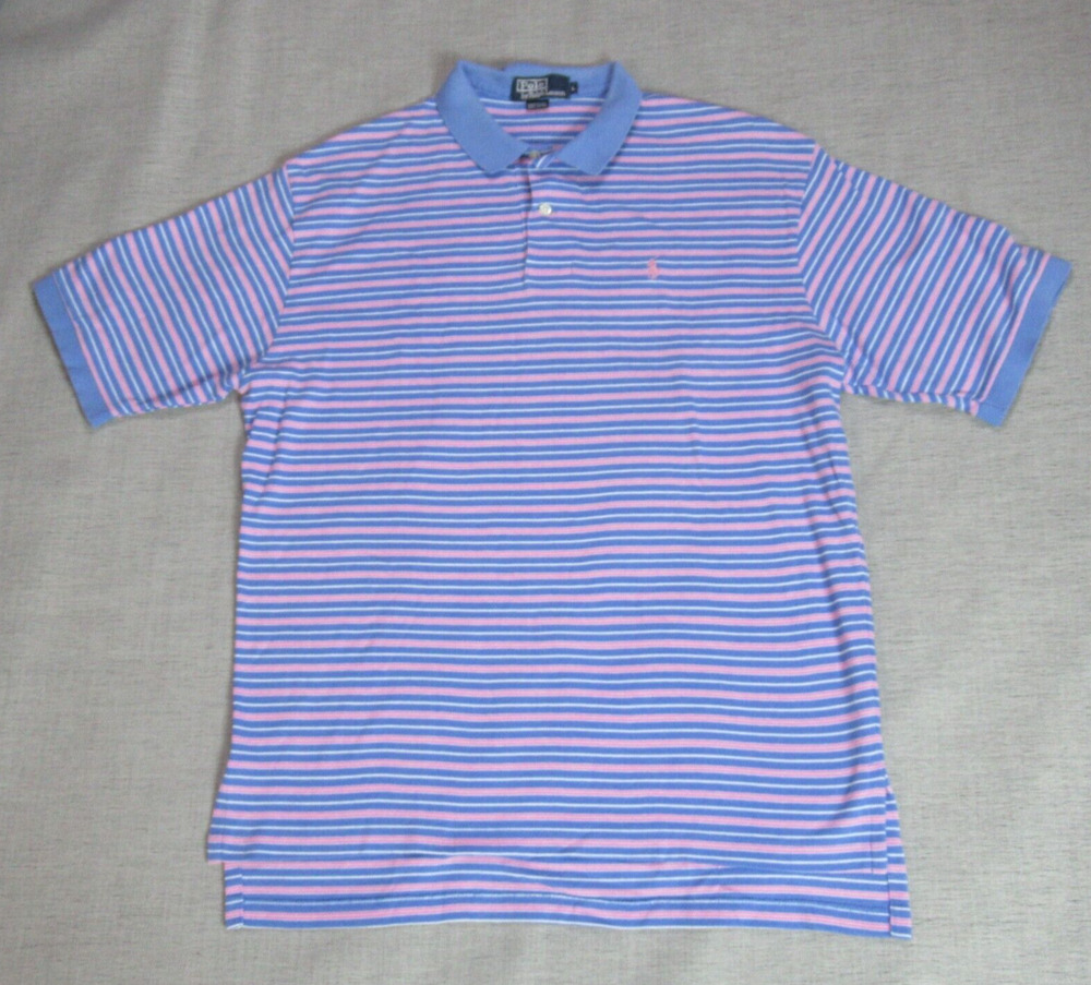 Vintage Polo Ralph Lauren Shirt Mens Large Blue Pink Striped Golf Coastal Preppy
